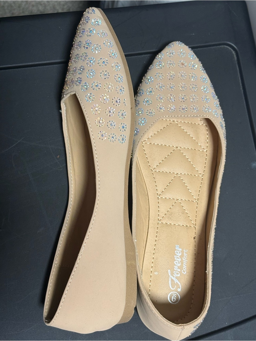 Embellished Nude Pointed-Toe Flats - Forever Comfort